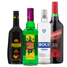 Pisang Ambon, Passoã,
Bols vodka fles à 700 ml
of Coebergh fles à 1000 ml